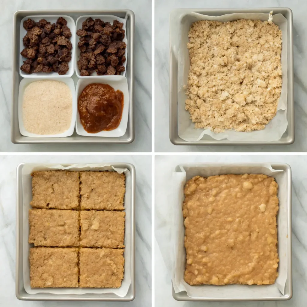 Step-by-step collage showing cooking date filling, making oat crumble, layering, baking, cooling, and slicing date bars.