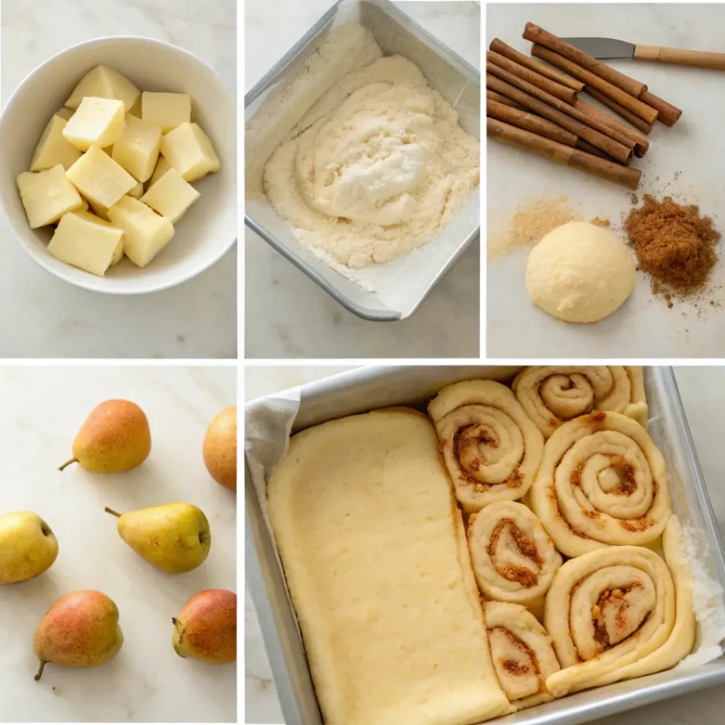 Step-by-step collage showing making the dough, adding cinnamon filling and pears, rolling, baking, and glazing pear rolls.