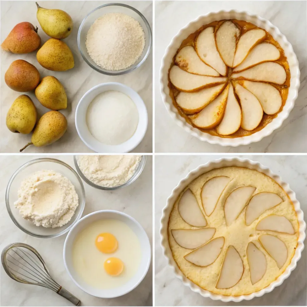 Step-by-step collage showing preparing pears, making custard batter, arranging pears, baking, dusting, and serving clafoutis.