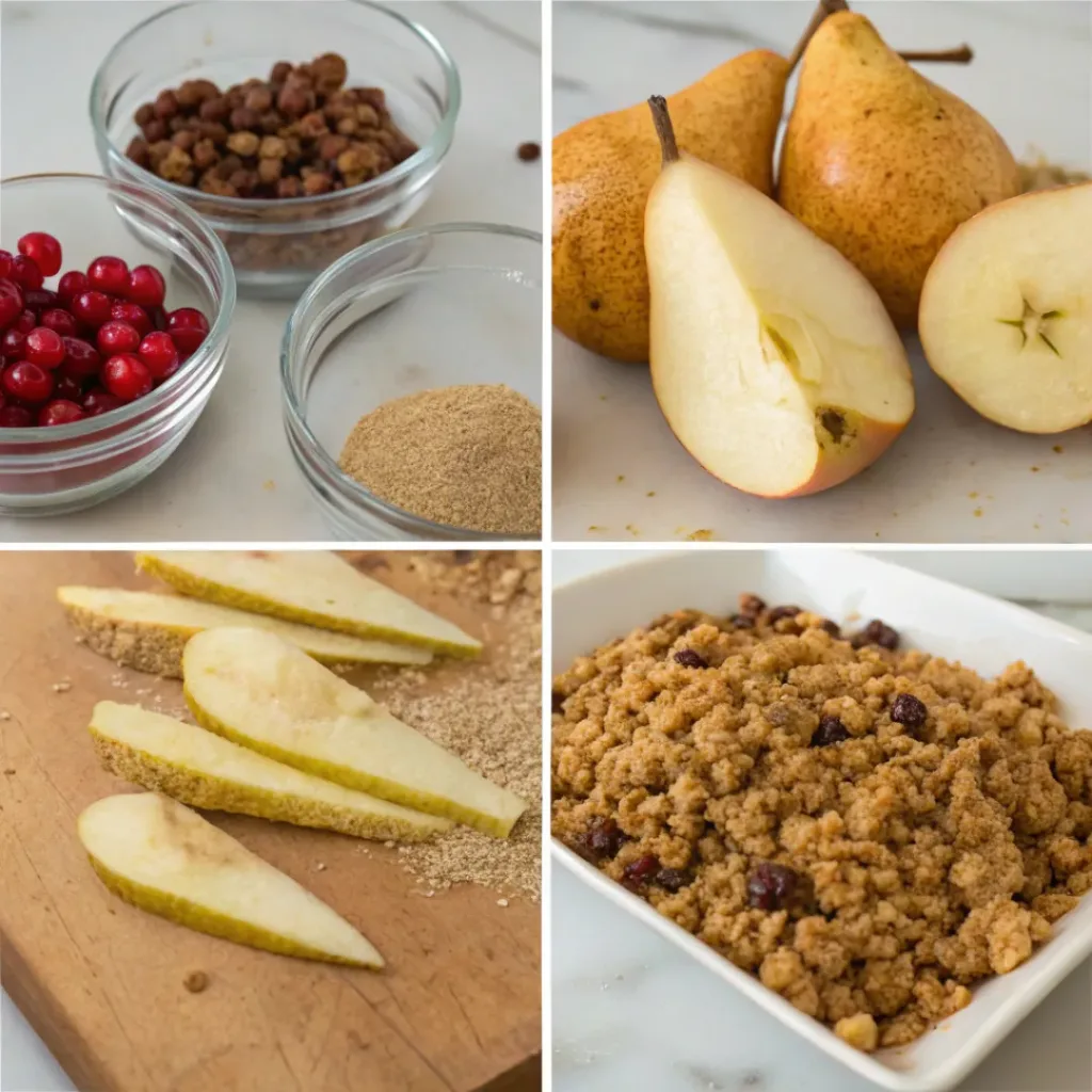 Step-by-step collage showing slicing pears, mixing cranberry filling, making oat crumble, assembling, baking, and serving pear crisp.