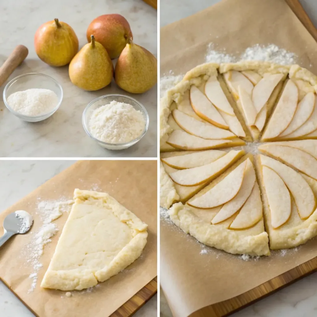 Step-by-step collage showing preparing pastry, mixing almond cream, slicing pears, assembling, baking, and serving pear galette.