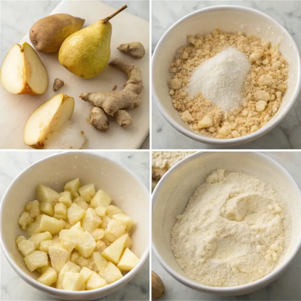 Step-by-step collage showing preparing pears and ginger, making scone dough, shaping wedges, baking, and glazing.