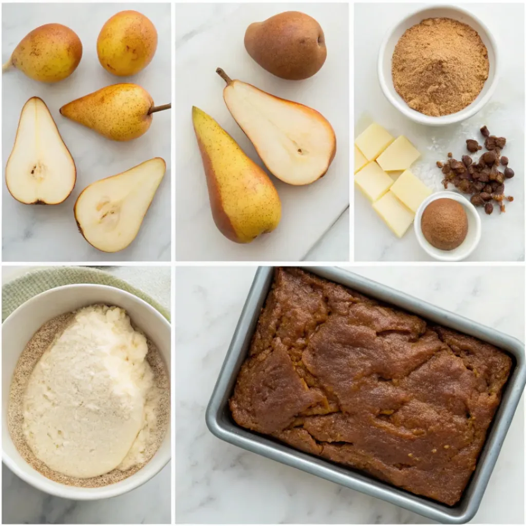 Step-by-step collage showing preparing pears, mixing gingerbread batter, layering pears, baking, glazing, and slicing the loaf.