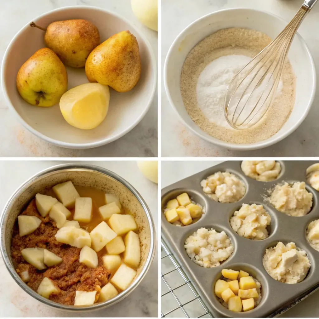Pear Muffins - Soft Spiced Streusel Bakery Treats 7 Step-by-step collage showing preparing pears, mixing muffin batter, adding pears, filling muffin cups, baking, and slicing pear muffins.