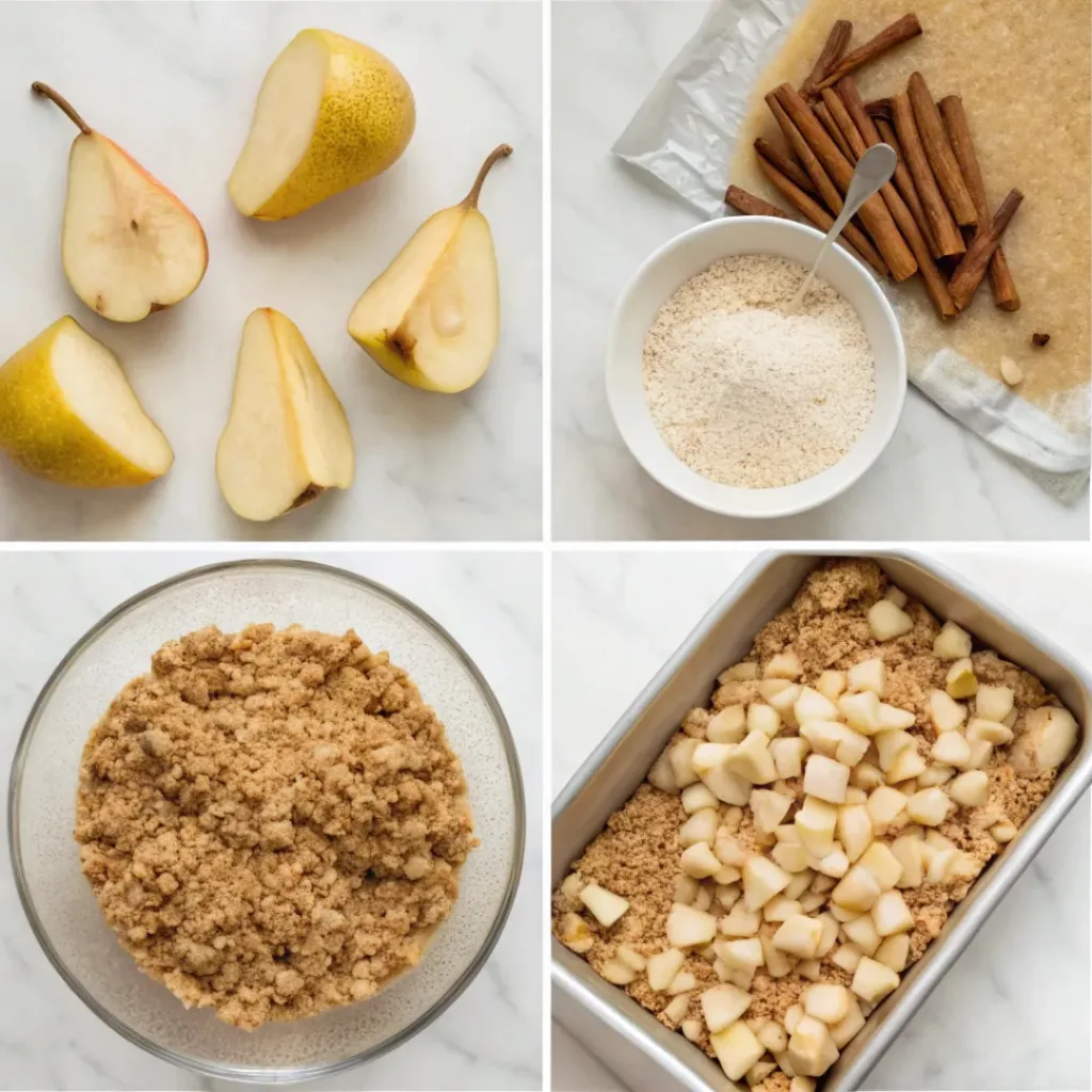 Pear Oat Bars - Soft Spiced Wholesome Breakfast Treats 7 Step-by-step collage showing preparing pears, making oat crumble, layering filling, baking, cooling, and slicing pear bars.