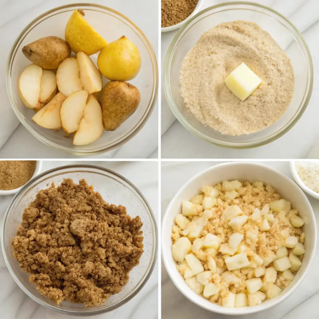 Step-by-step collage showing preparing pears, mixing cake batter, making pecan streusel, layering, baking, and slicing.