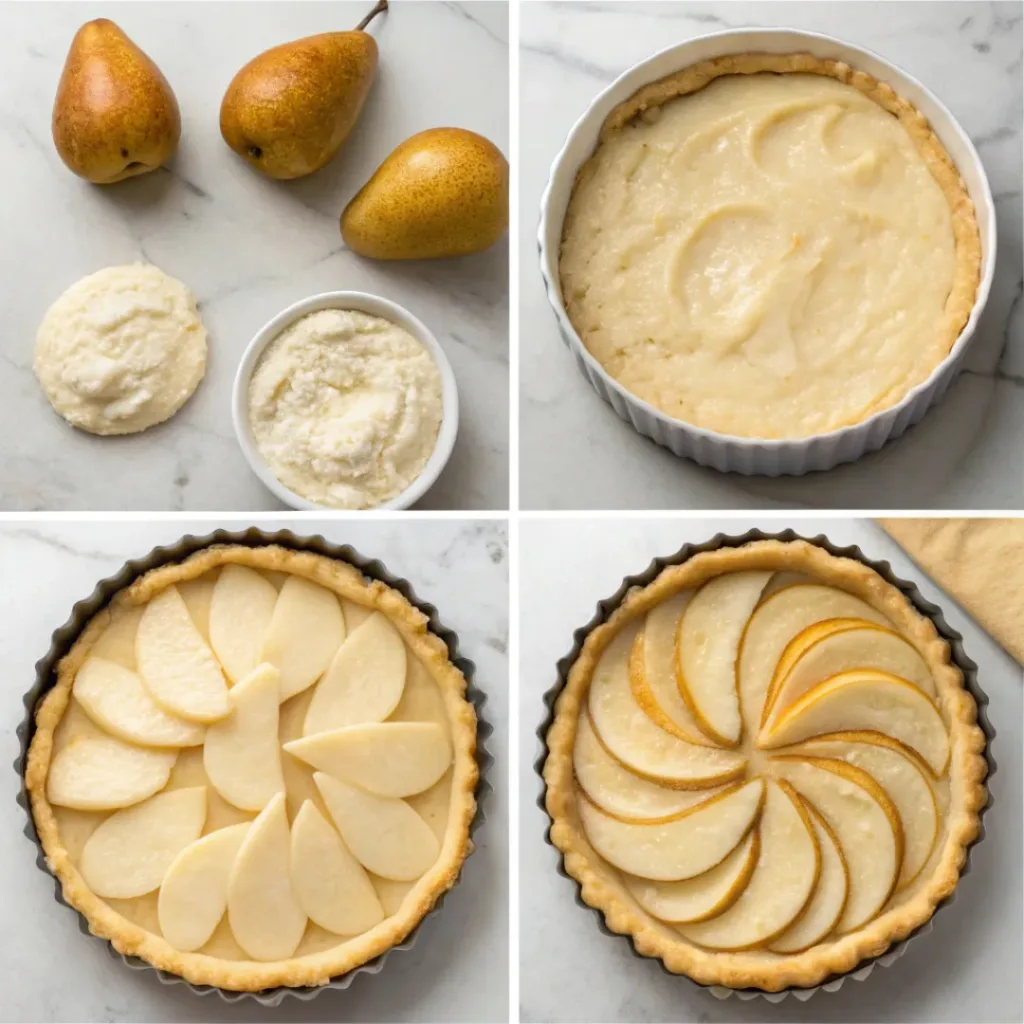Step-by-step collage showing preparing pastry, making almond cream, arranging pears, baking, glazing, and slicing pear tart.