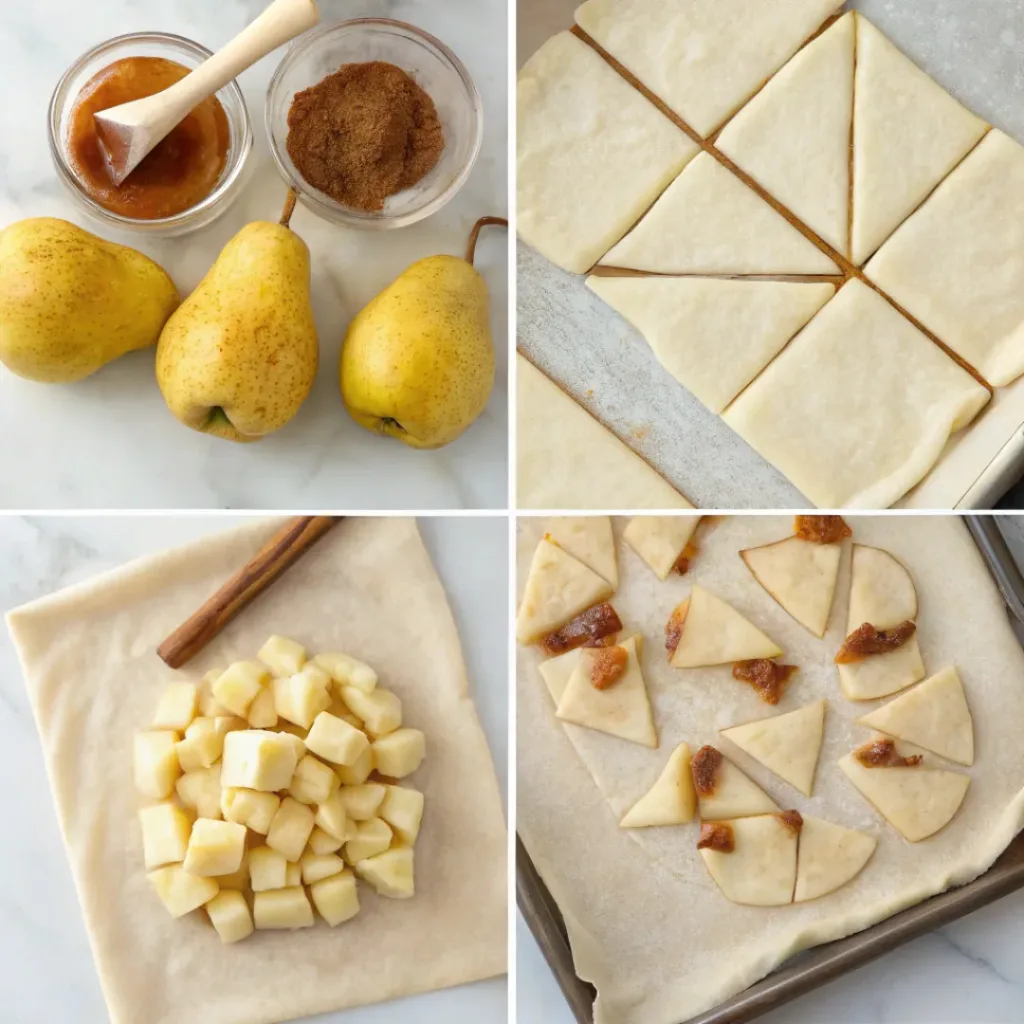 Step-by-step collage showing preparing pears, filling pastry, folding turnovers, brushing with egg wash, baking, and glazing.