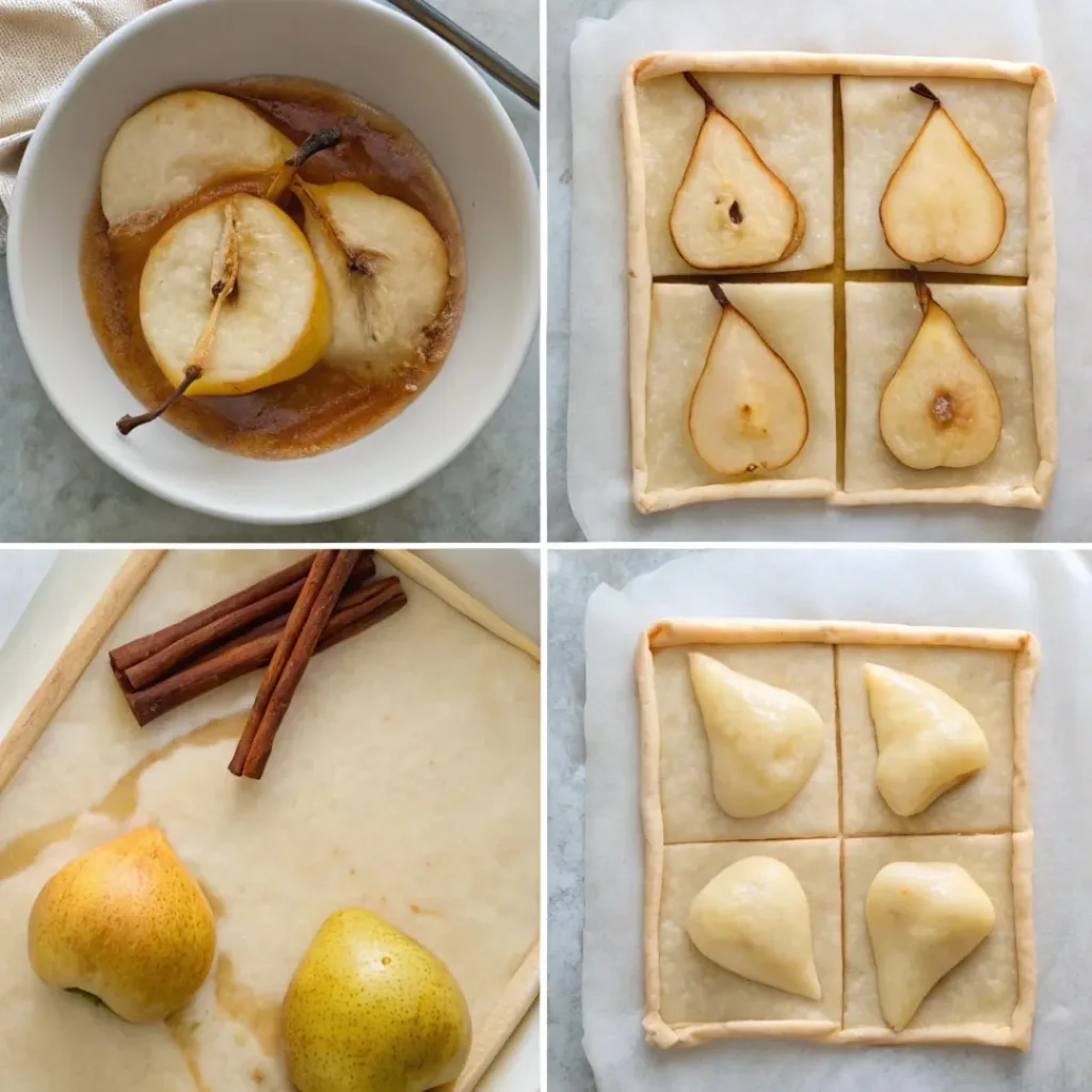 Step-by-step collage showing poaching pears, wrapping them in puff pastry, brushing with egg wash, baking, and serving.