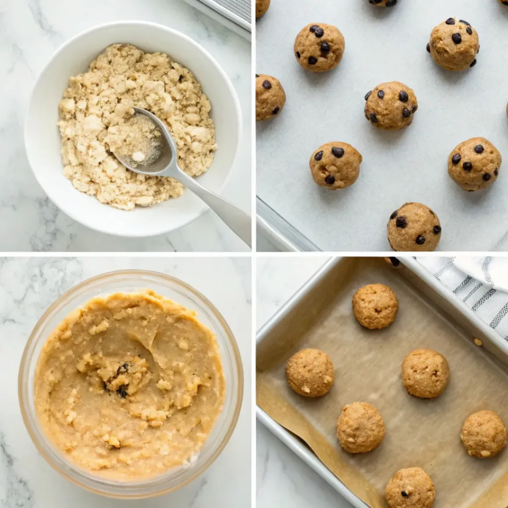 Protein Cookie Dough Bites - Easy Healthy Snack 7 Step-by-step collage showing mixing ingredients, folding in chocolate chips, rolling the dough, chilling, and serving protein cookie dough bites.