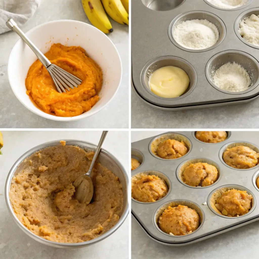 Step-by-step collage showing mashing bananas, mixing pumpkin batter, filling muffin cups, baking, cooling, and serving muffins.
