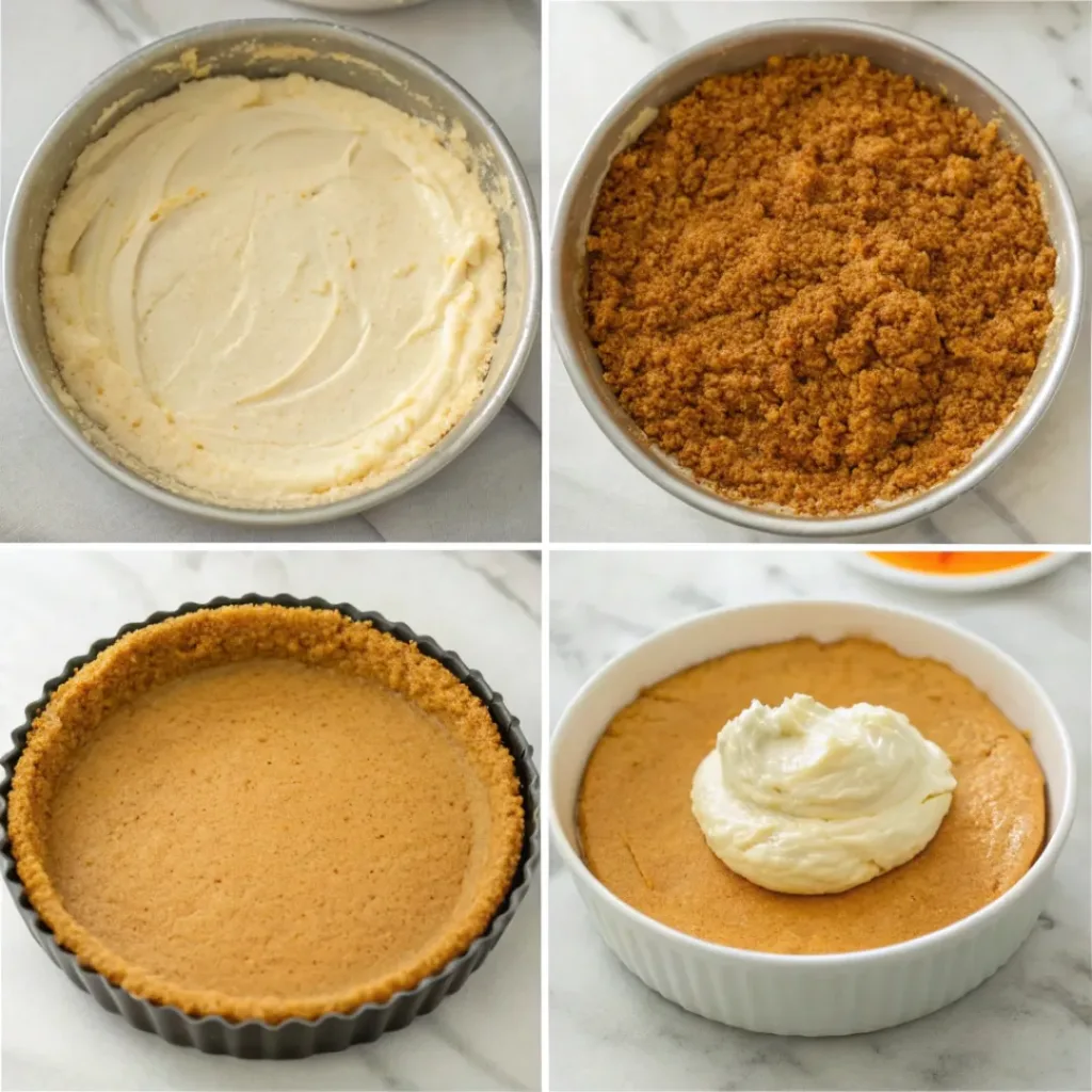 Step-by-step collage showing preparing the graham cracker crust, mixing pumpkin cheesecake filling, baking, cooling, decorating, and slicing.