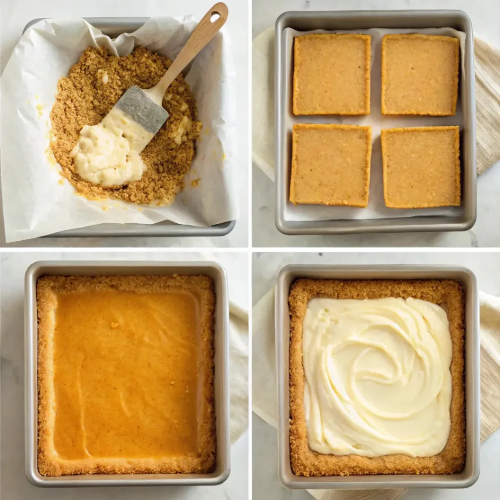 Pumpkin Cheesecake Bars - Easy Creamy Autumn Treat 7 Step-by-step collage showing preparing the graham cracker crust, mixing pumpkin cheesecake filling, assembling, baking, chilling, and slicing pumpkin cheesecake bars.