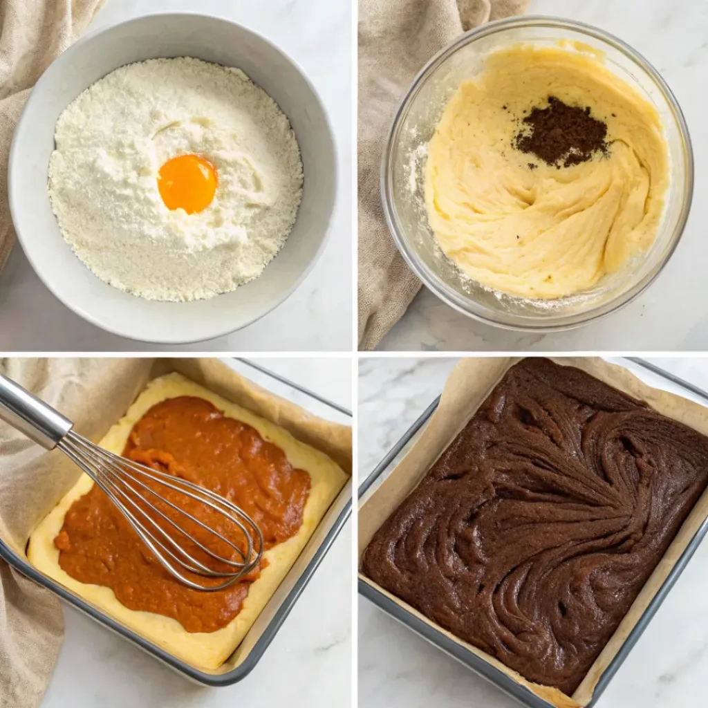 Pumpkin Cheesecake Brownies - Rich Swirled Autumn Treat 7 Step-by-step collage showing preparing brownie batter, mixing pumpkin cheesecake filling, swirling, baking, and slicing pumpkin cheesecake brownies.