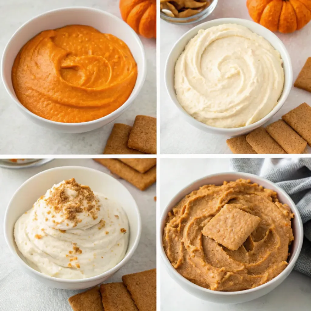 Pumpkin Cheesecake Dip - Easy Creamy Autumn Snack 7 Step-by-step collage showing mixing the cheesecake base, folding in whipped topping, chilling, decorating, and serving pumpkin cheesecake dip.