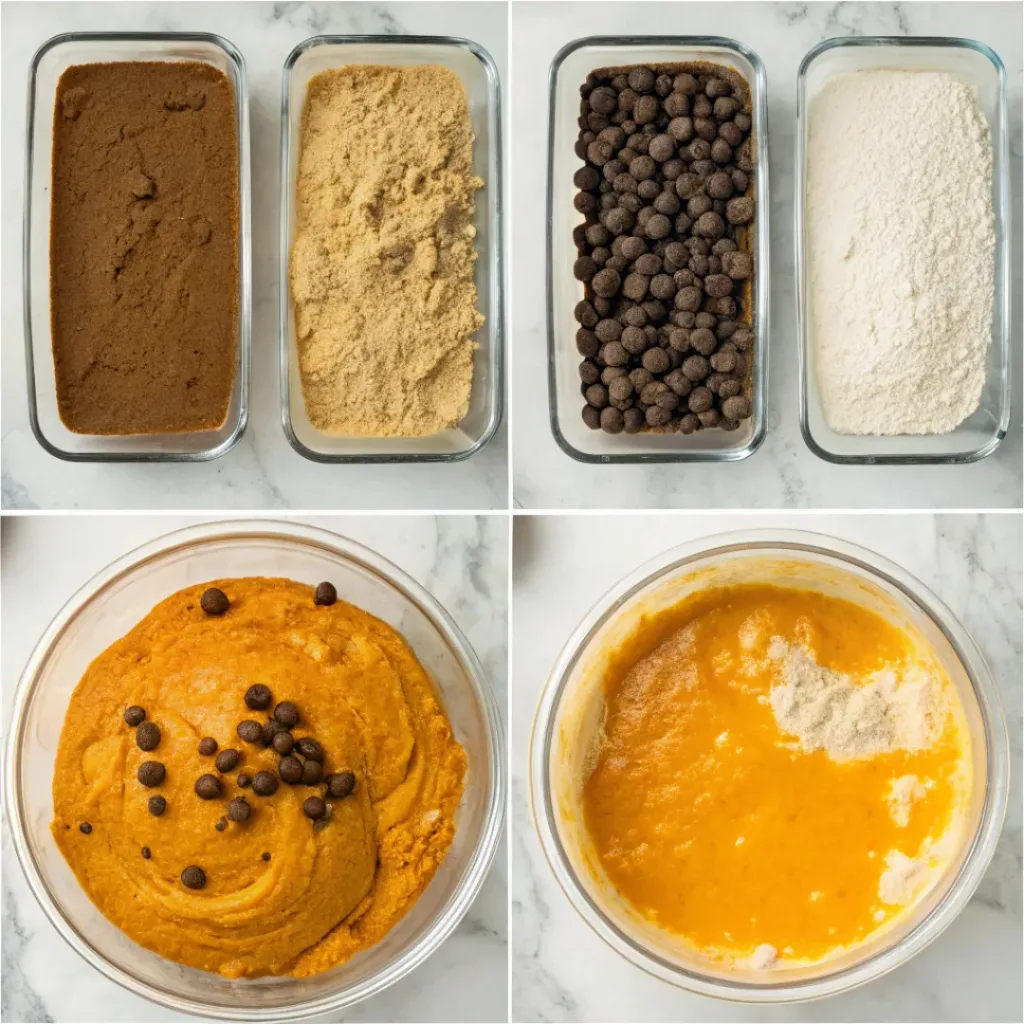 Step-by-step collage showing mixing pumpkin batter, adding chocolate chips, filling loaf pan, baking, cooling, and slicing.