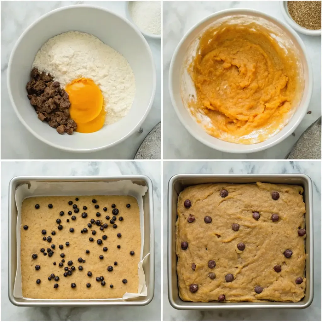 Step-by-step collage showing mixing pumpkin batter, folding in chocolate chips, baking, slicing, and serving pumpkin chocolate chip cookie bars.