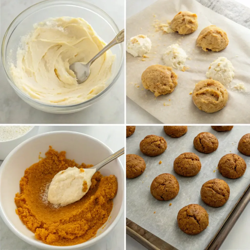 Step-by-step collage showing mixing pumpkin cookie dough, baking soft cookies, making cream cheese icing, frosting, and serving.