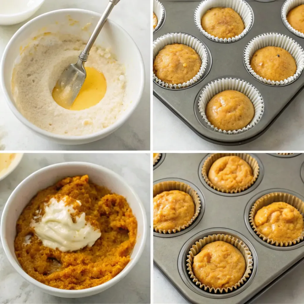 Pumpkin Cream Cheese Muffins - Soft Spiced Autumn Treat 7 Step-by-step collage showing mixing the batter, preparing the cream cheese filling, adding streusel, baking, and serving pumpkin cream cheese muffins.