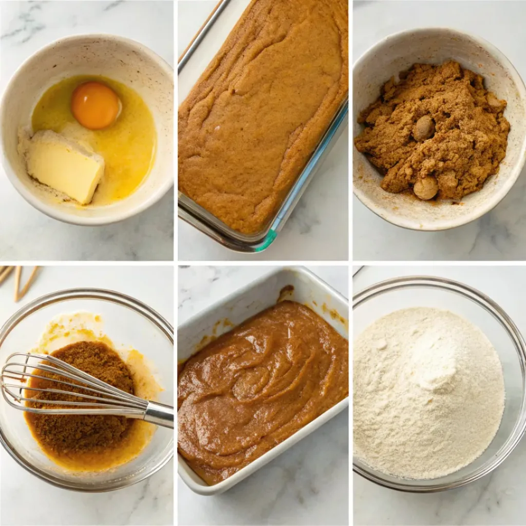 Pumpkin Gingerbread Loaf - Moist Spiced Holiday Bakery Bread 7 Step-by-step collage showing mixing pumpkin gingerbread batter, filling the loaf pan, baking, glazing, cooling, and slicing.