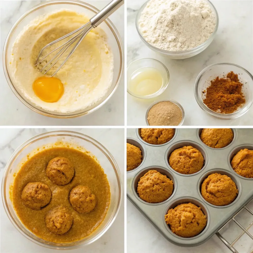 Pumpkin Muffins - Soft Spiced Streusel Topped Bakery Treats 7 Step-by-step collage showing mixing pumpkin muffin batter, filling muffin cups, adding cinnamon sugar, baking, and cooling pumpkin muffins.