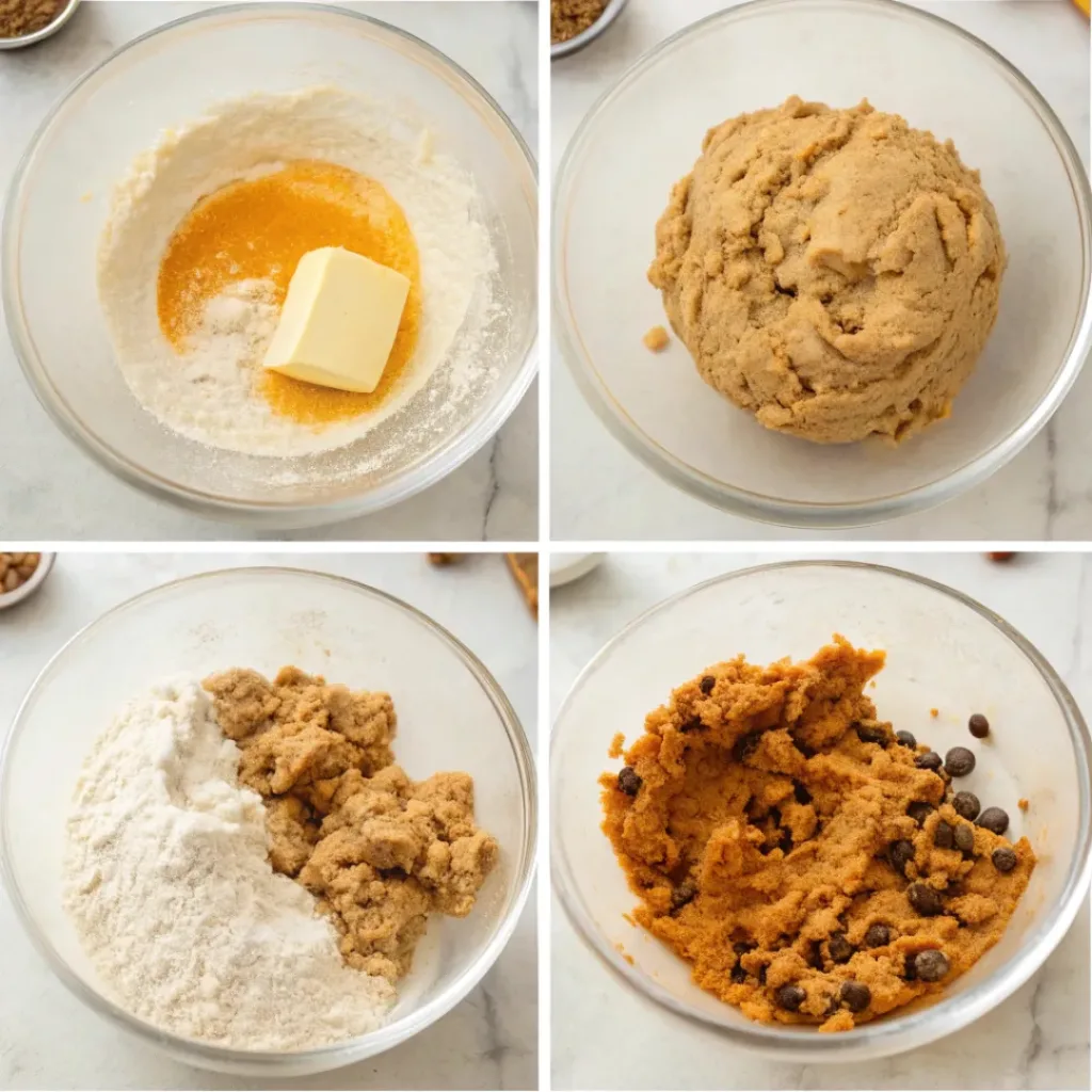 Step-by-step collage showing mixing pumpkin cookie dough, adding oats and chocolate chips, scooping, baking, and breaking open cookies.