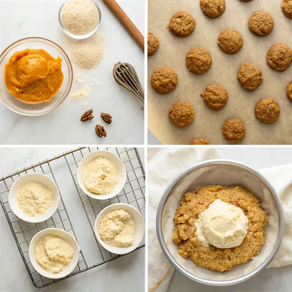 Step-by-step collage showing mixing cookie dough, baking oatmeal cookies, preparing vanilla cream filling, assembling, and serving pumpkin oatmeal cream pies.