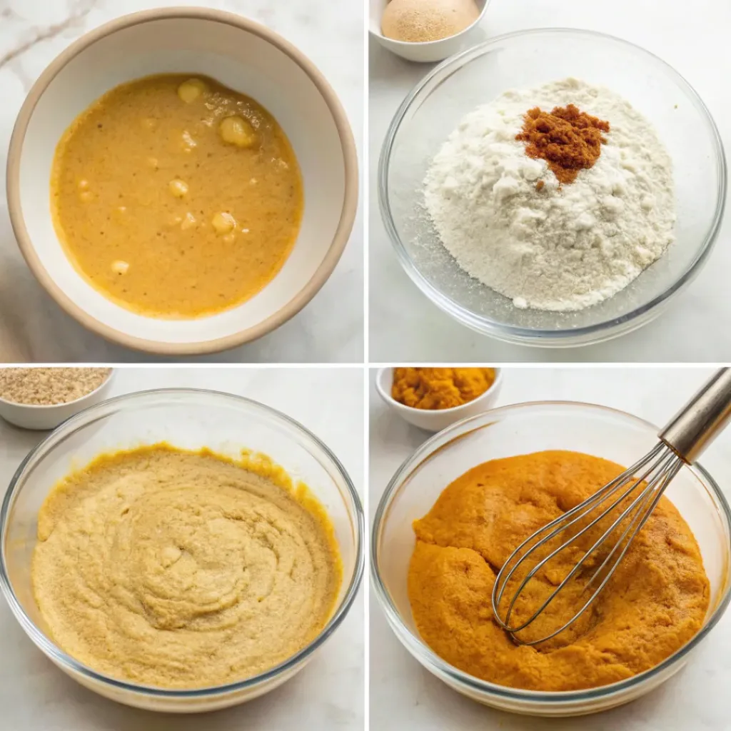 Step-by-step collage showing making pumpkin pancake batter, cooking pancakes, preparing maple butter, and serving.