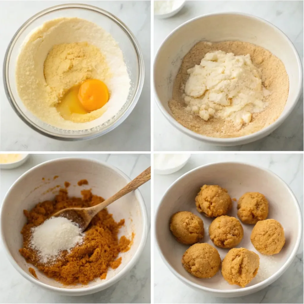 Pumpkin Snickerdoodles - Soft Chewy Cinnamon Sugar Cookies 7 Step-by-step collage showing mixing pumpkin cookie dough, rolling in cinnamon sugar, baking, cooling, and breaking open soft cookies.