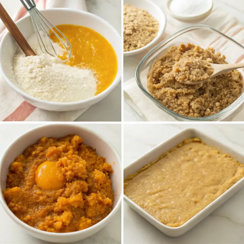 Pumpkin Spice Crisp - Warm and Easy Autumn Dessert Showcase 7 Step-by-step collage showing mixing the pumpkin filling, making the oat crumble, assembling, baking, and serving pumpkin spice crisp.
