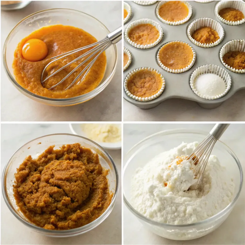 Pumpkin Spice Cupcakes - Soft Fluffy Autumn Treats 7 Step-by-step collage showing mixing pumpkin batter, filling cupcake liners, baking, making frosting, and decorating pumpkin spice cupcakes.