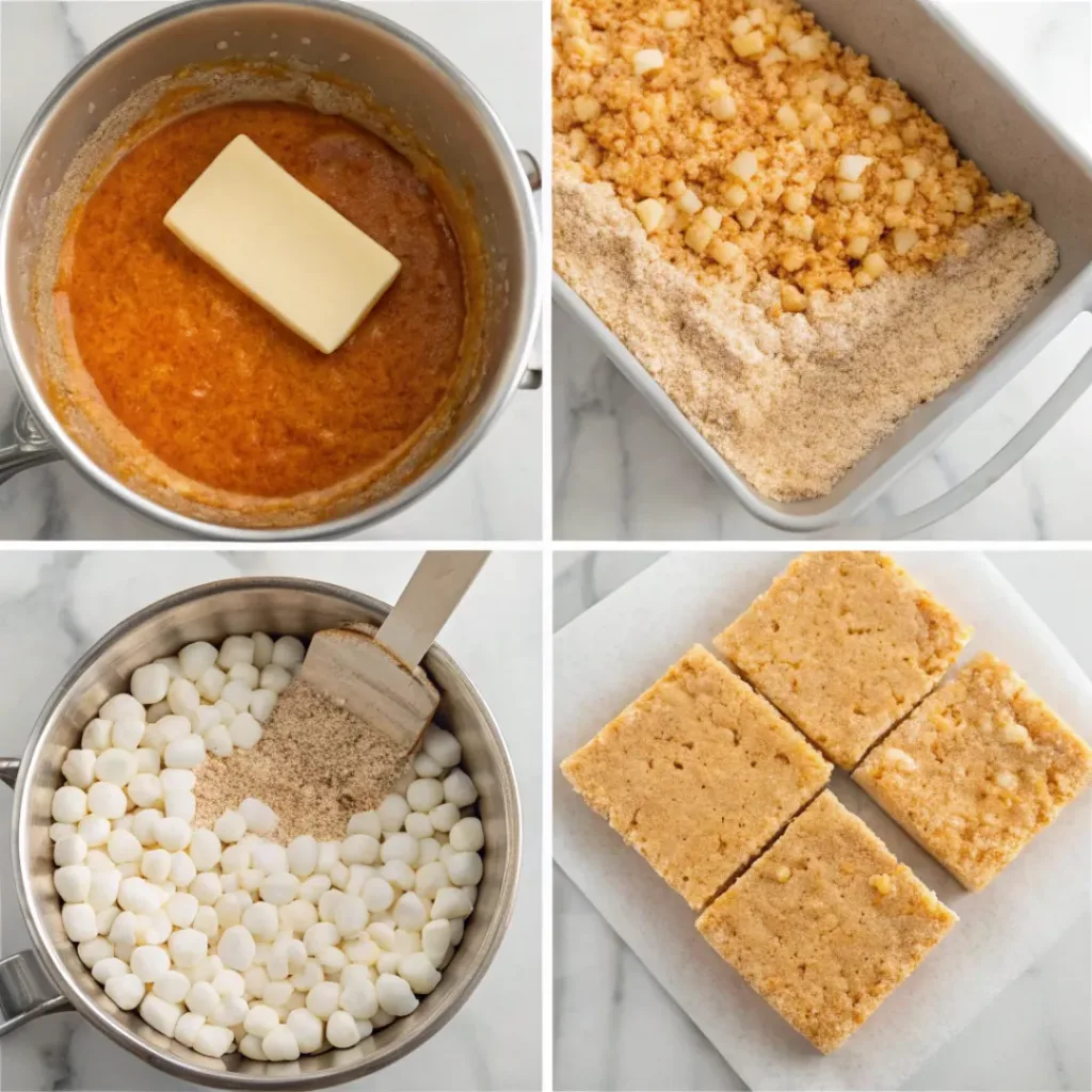 Pumpkin Spice Rice Krispie Treats - Chewy No-Bake Autumn Squares 7 Step-by-step collage showing melting marshmallows, mixing cereal, pressing into a pan, decorating, cooling, and cutting pumpkin spice Rice Krispie treats.