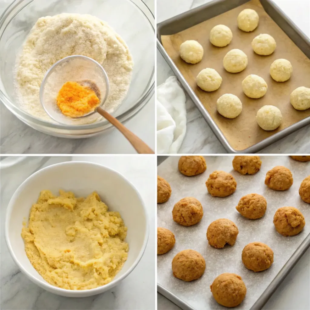 Pumpkin Spice Sugar Cookies 7 Step-by-step collage showing mixing cookie dough, rolling in pumpkin spice sugar, baking, and serving pumpkin spice sugar cookies.