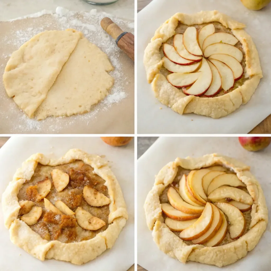 Rustic Apple Tart - Flaky Golden French Bakery Galette 7 Step-by-step collage showing making pastry, slicing apples, arranging fruit, folding crust, baking, and serving.