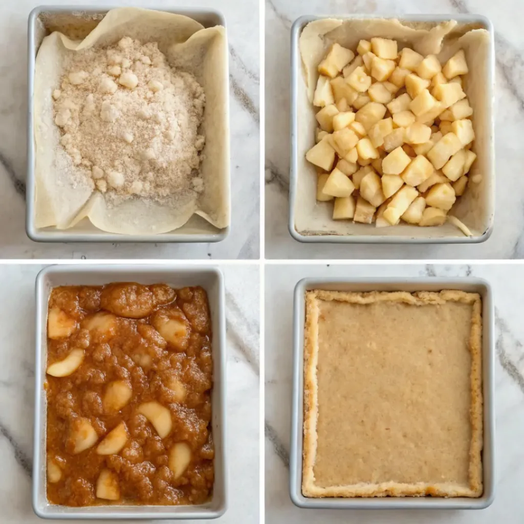 Step-by-step collage showing preparing the shortbread crust, making the apple filling, adding crumble topping, baking, drizzling caramel, and slicing apple pie bars.