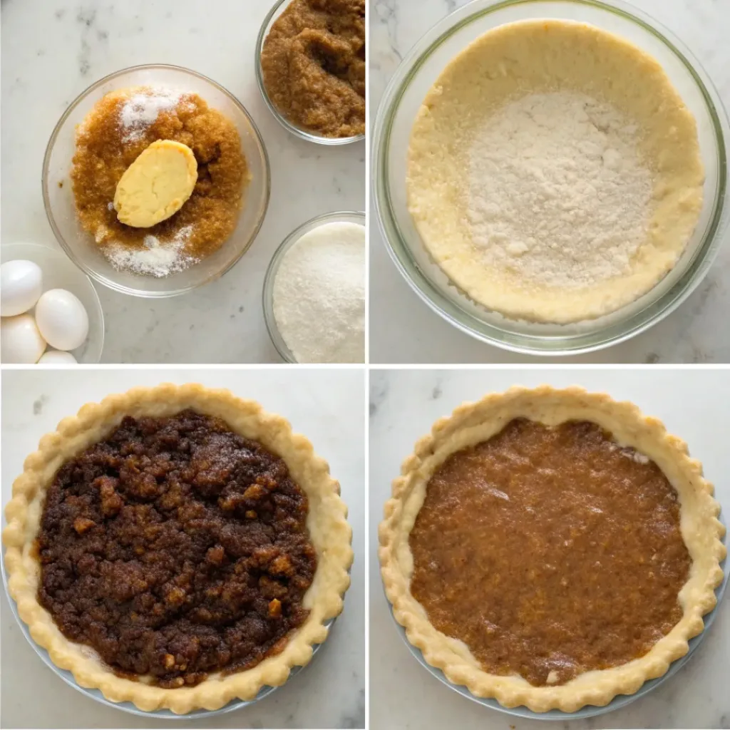 Shoofly Pie - Traditional Gooey Molasses Dessert 7 Step-by-step collage showing preparing pie crust, making molasses filling, mixing crumb topping, assembling, baking, and slicing.