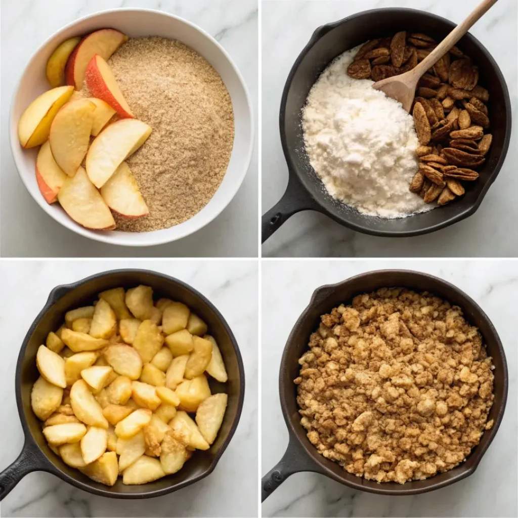 Step-by-step collage showing preparing apples, making crumble topping, cooking apples, adding topping, baking, and serving apple crisp.