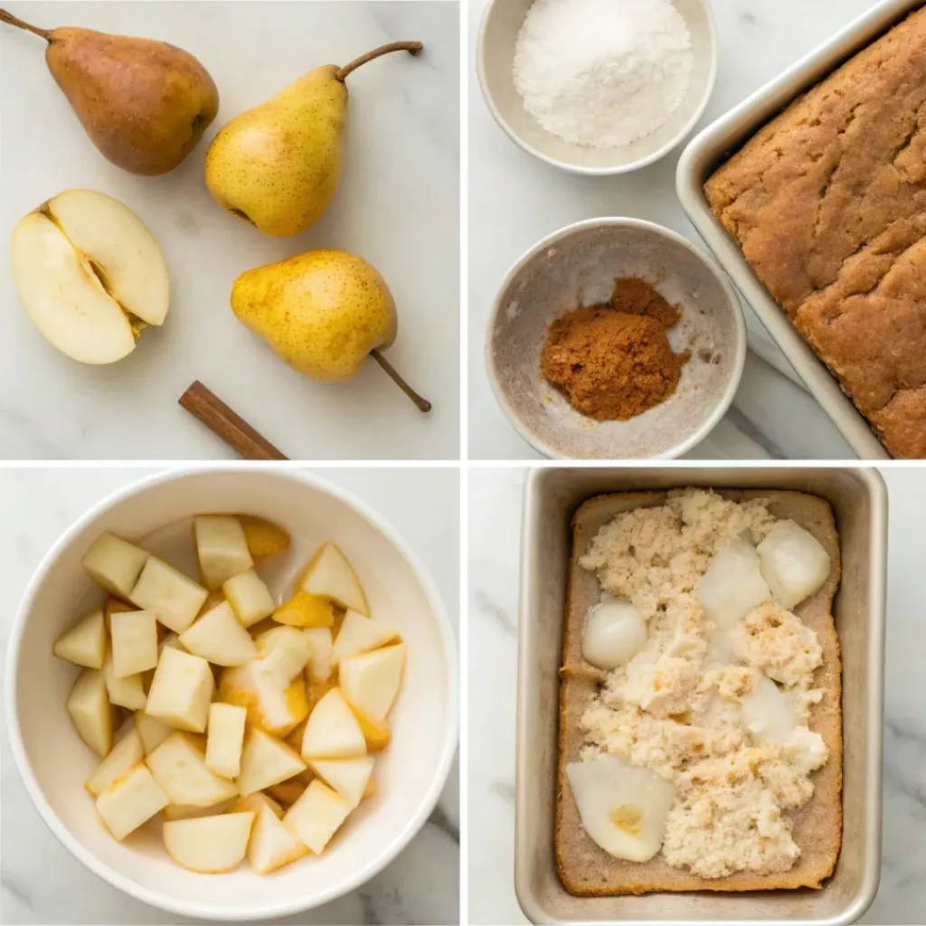 Spiced Pear Bread Recipe - Moist Sweet Autumn Loaf 7 Step-by-step collage showing preparing pears, mixing batter, adding pears, filling the loaf pan, baking, and slicing pear bread.