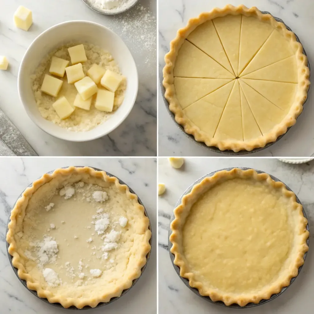 Step-by-step collage showing preparing pie crust, mixing cream filling, filling crust, baking, caramelizing, and slicing pie.