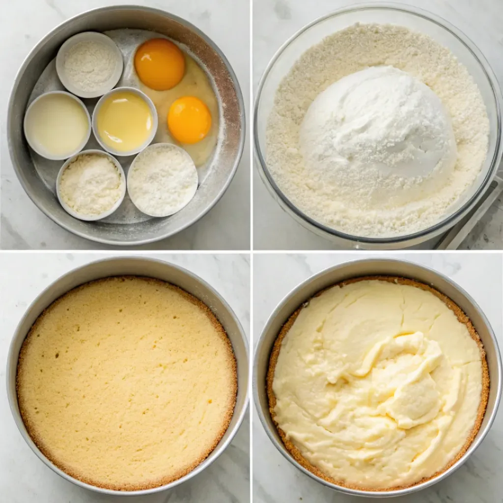 Step-by-step collage showing mixing vanilla cake batter, baking layers, making buttercream, frosting, assembling, and slicing the cake.