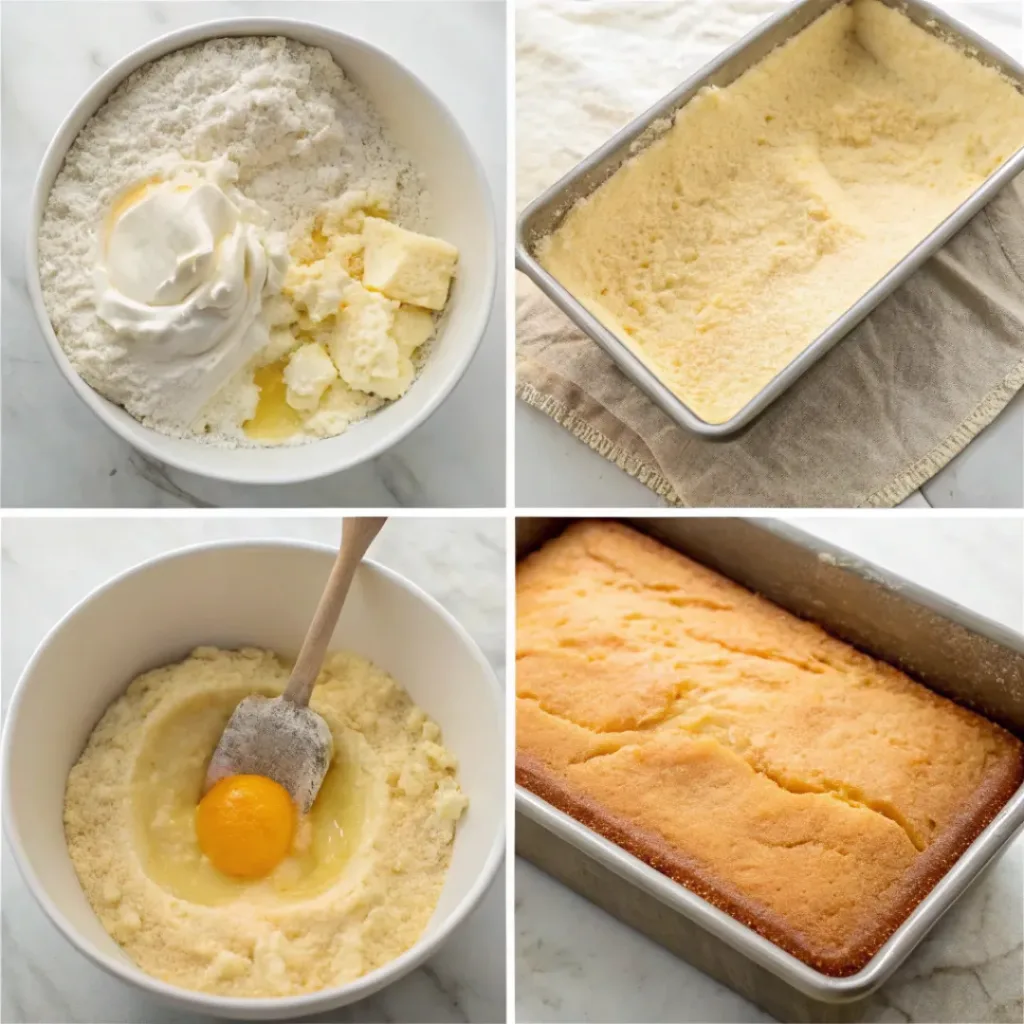 Step-by-step collage showing creaming butter and sugar, adding eggs and vanilla, mixing batter, filling pan, baking, and slicing cake.