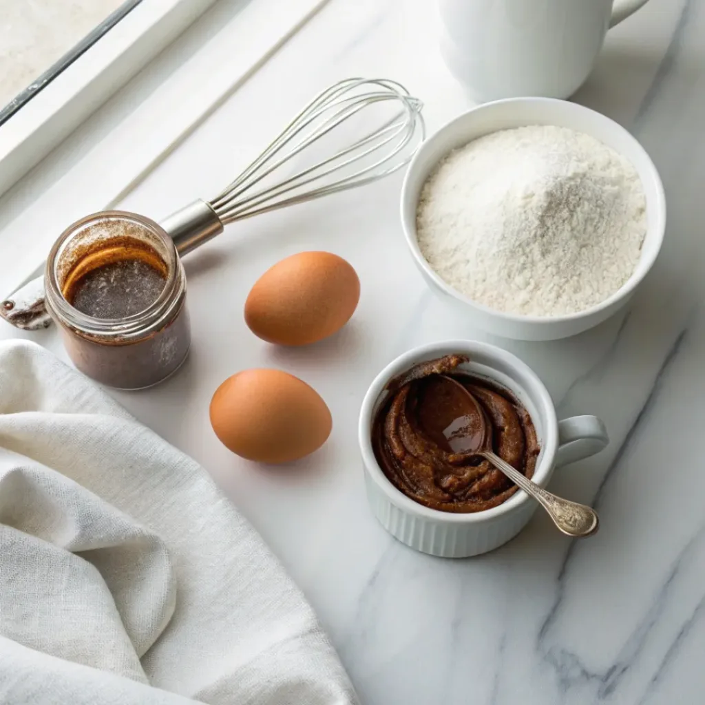 Nutella Mug Cake - Fast 3-Ingredient Microwave Dessert 6 Nutella, one egg, and all-purpose flour arranged for making a 3-ingredient Nutella mug cake.