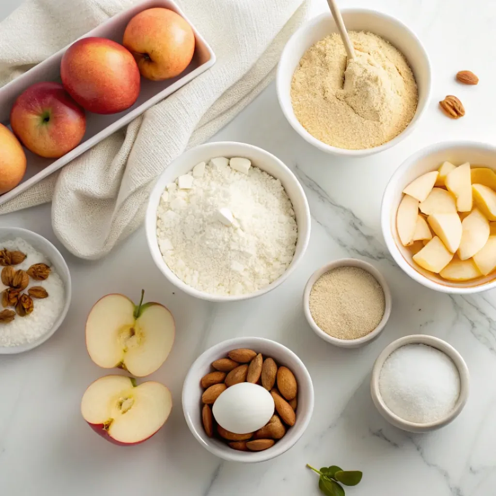 Apple Cake with Almond Flour - Moist Tender Autumn Dessert 6 Apples, almond flour, eggs, butter, sugar, cinnamon, vanilla, and almonds arranged for apple cake.
