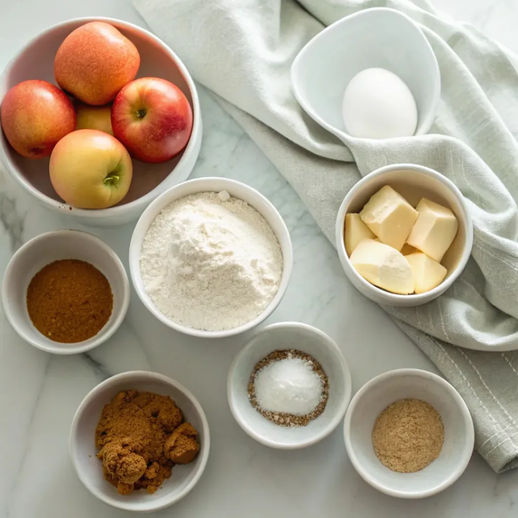 Apple Cinnamon Cake - Soft Tender Spiced Autumn Treat 6 Fresh apples, flour, butter, eggs, sugar, brown sugar, cinnamon, vanilla, baking powder, and milk arranged for making apple cinnamon cake.