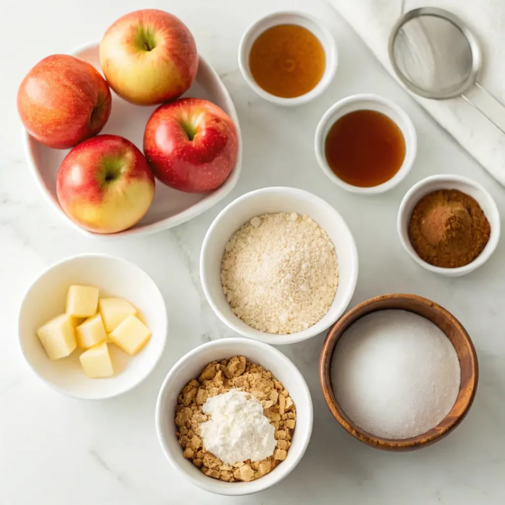 Apple Crisp Cookie Cups - Easy Chewy Autumn Treat 6 Fresh apples, flour, butter, brown sugar, granulated sugar, rolled oats, cinnamon, vanilla, baking powder, and caramel sauce arranged for making apple crisp cookie cups.