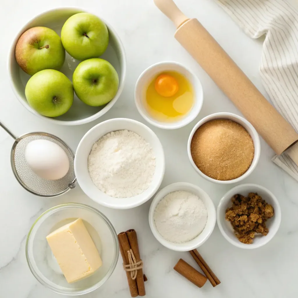 Apple Hand Pies - Flaky Golden Pocket Bakery Treats 6 Fresh apples, flour, butter, sugar, cinnamon, nutmeg, egg, and lemon arranged for homemade apple hand pies.