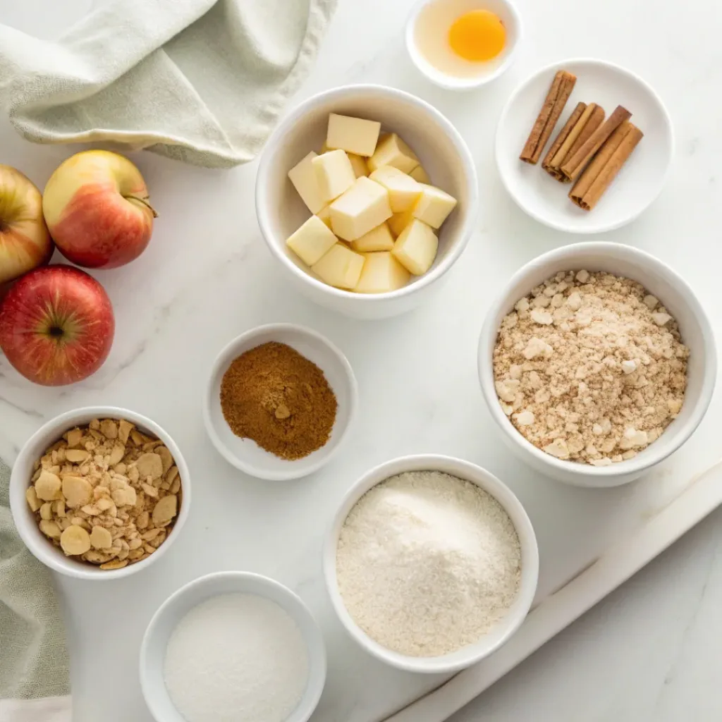 Apple Crumble Oatmeal Bars - Chewy Spiced Autumn Bakery Squares 6 Fresh apples, rolled oats, flour, butter, brown sugar, cinnamon, lemon, and baking ingredients for apple crumb bars.