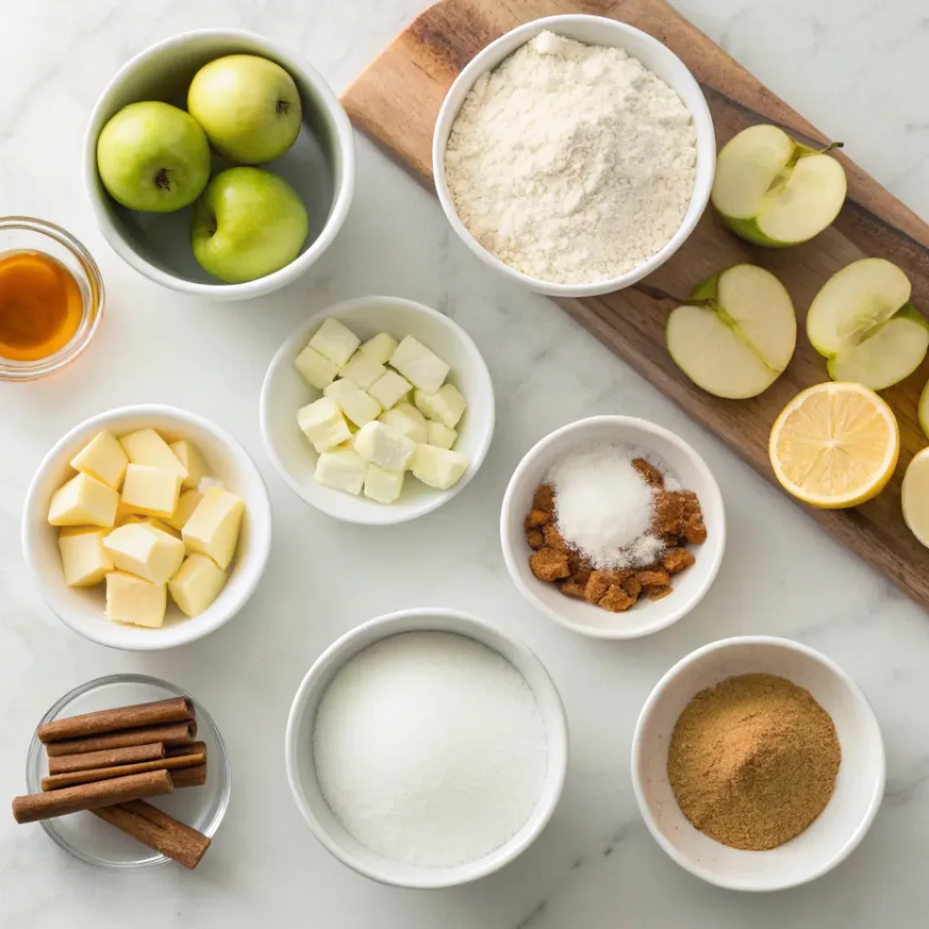 Apple Pan Dowdy - Flaky Spiced Old-Fashioned Autumn Dessert 6 Fresh apples, flour, butter, brown sugar, cinnamon, lemon, and pastry ingredients for apple pan dowdy.