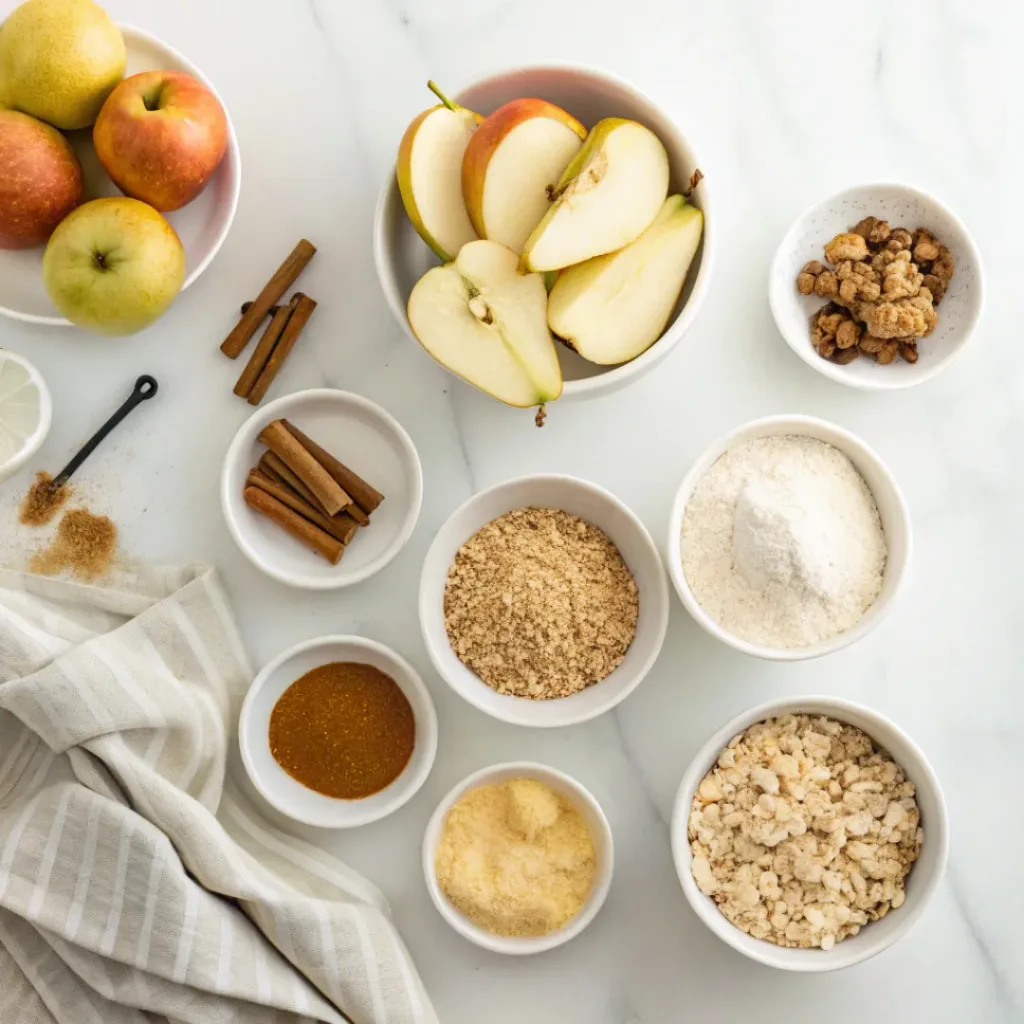 Fresh apples, ripe pears, rolled oats, flour, butter, brown sugar, cinnamon, and lemon for apple pear crisp.