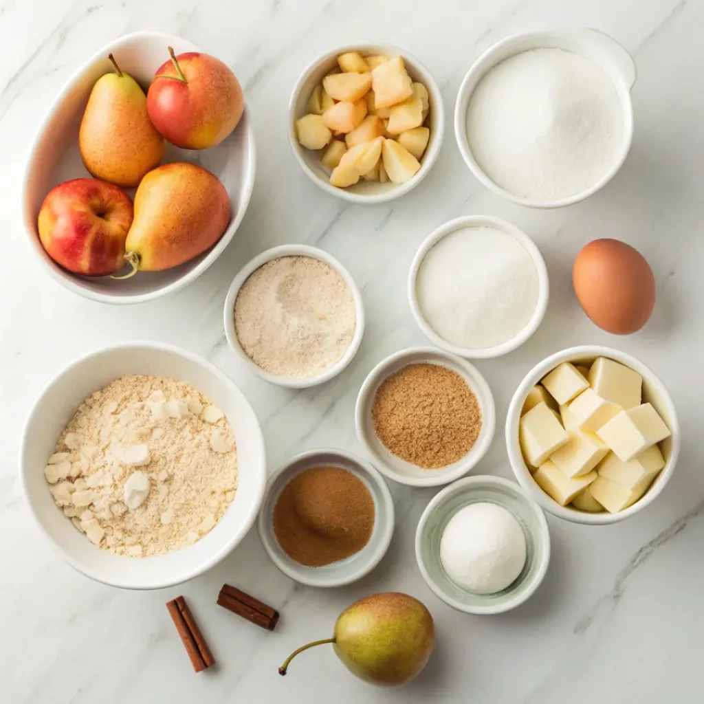 Apple Pear Muffins - Fluffy Moist Spiced Autumn Treats 6 Fresh apples, pears, flour, butter, eggs, sugar, cinnamon, oats, and milk for apple pear muffins.